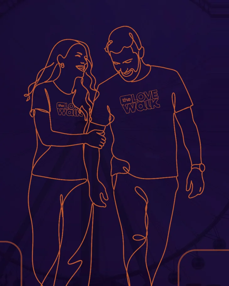 Ilustração em traço laranja de um casal caminhando e conversando, com camisetas The Love Walk